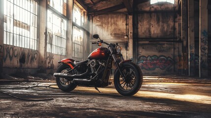 Custom red and black motorcycle parked in an industrial building with a gritty atmosphere, blending classic style with urban edge and raw power.