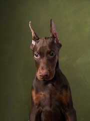 This Doberman puppy's attentive expression is captured against a muted green backdrop, emphasizing the breed's intelligence and focused nature.