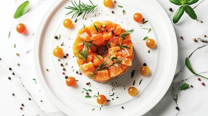 Freshly sliced Gravlax salmon fillet garnished with dill, black pepper, and lemon zest, served on a pristine white ceramic plate