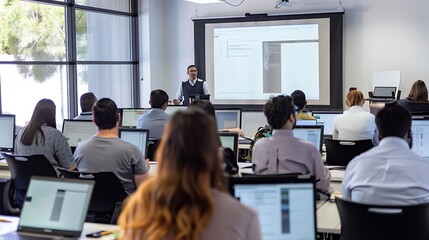 A group of employees participating in a training session, with an instructor in front of them and learning materials on their desk