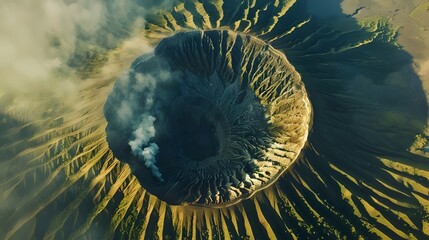 Majestic Aerial View of an Active Volcano Erupting at Sunrise. Generative AI