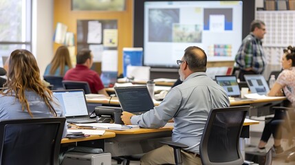 A group of employees participating in a training session, with an instructor in front of them and learning materials on their desk