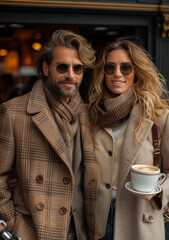 Obraz premium Couple enjoys coffee together at a cozy café during autumn afternoon. A stylish couple poses with coffee outside a trendy cafe, dressed for autumn.