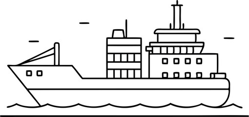 Outline Illustration of a Cargo Ship on the Ocean