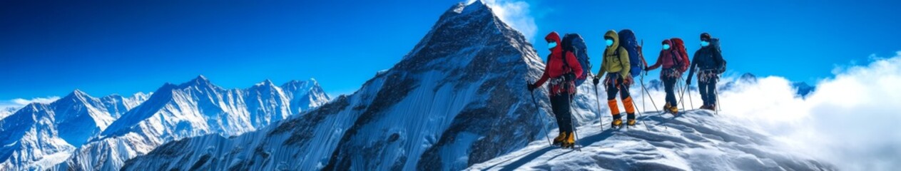 Nepalese Adventure: A Team's Ascent to Everest Base Camp in the Sagarmatha National Park with Oxygen Masks, a Striking Visual Narrative.