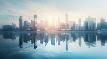 Fototapeta premium Cityscape with reflection in water during sunrise.