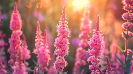 Obraz premium Vibrant pink fuzzy flowers in warm sunset light. Generative AI