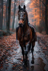 Fototapeta premium Horse trotting on a muddy path through autumn forest. A brown horse trots along a muddy path surrounded by autumn foliage.