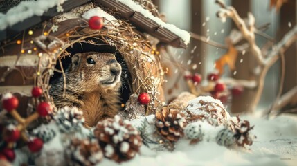 A squirrel curiously looks out from its nest amid snow-covered pinecones and festive decorations