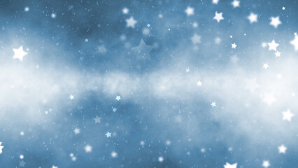 Fototapeta premium Blue winter bokeh sky background with snowflakes and stars copy space illustration background. Concept holidays new year and christmas. 