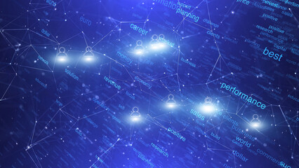Business finance global word cloud with glowing people icons illustration background.	