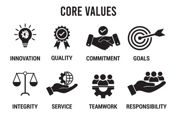 Core Values icons Set. Company ethical business symbol. Containing innovation, quality, commitment, goals, integrity, service, teamwork, responsibility. Vector Flat Style web icon set.