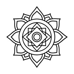 Fototapeta premium Black Indian mandala on white background. Decorative flower drawing for meditation coloring book. Ethnic floral design element, round hand drawn illustration, line art.