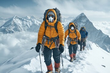 Nepalese Adventure: A Team's Ascent to Everest Base Camp in the Sagarmatha National Park with Oxygen Masks, a Striking Visual Narrative.