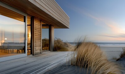 Modern Wooden House on the Beach with Sand Dunes and Ocean View