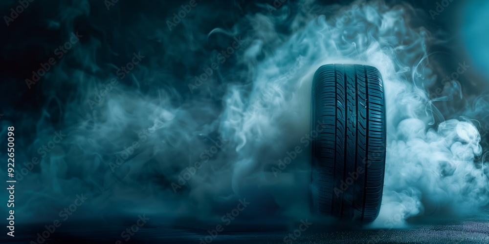 Aufkleber abstract background with car tire protector and mist and fog elements on dark backdrops.