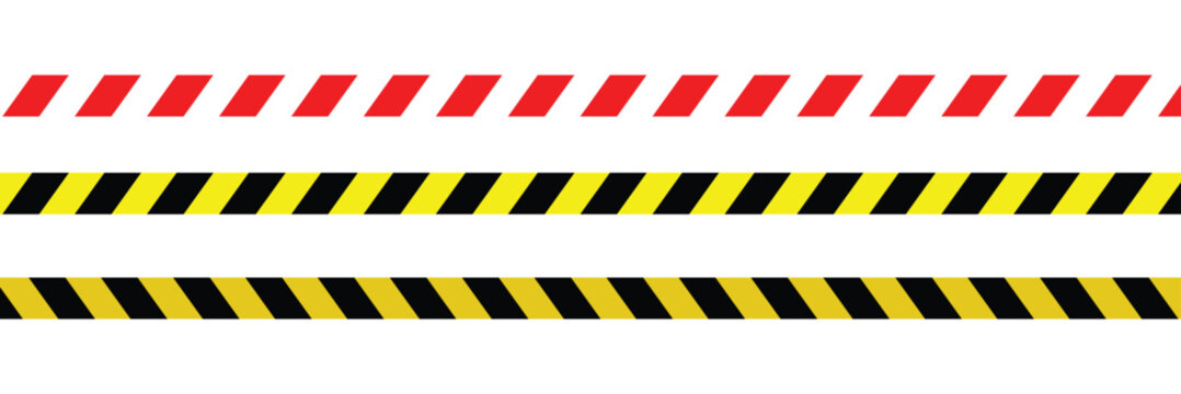 Warning yellow black red diagonal stripes line. Safety stripe warning caution hazard danger road vector sign symbol. Long danger ribbon. Vector illustration on white background. EPS file 112.