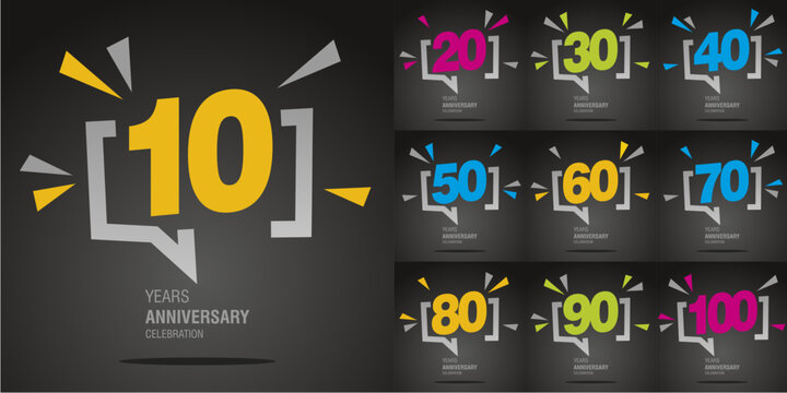 Set of Anniversary decades vector creative design emblems with colorful numbers in speech bubble on black background for celebration event, invitation, greeting, web template - Powered by Adobe
