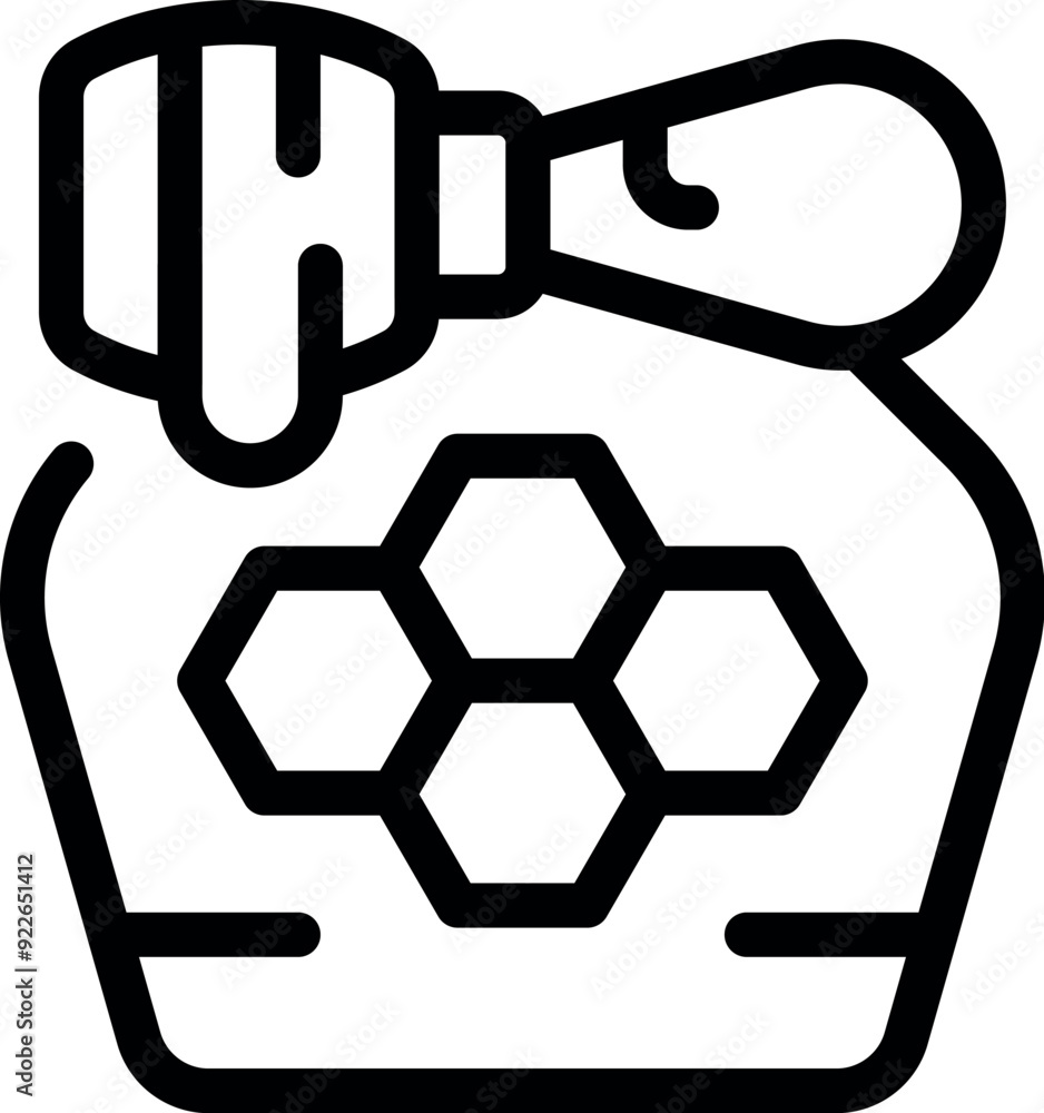 Poster simple line icon of a honey jar with a dipper dripping honey and a honeycomb pattern