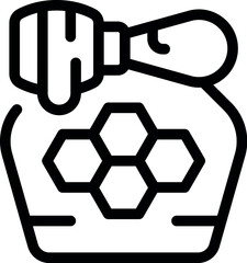 Simple line icon of a honey jar with a dipper dripping honey and a honeycomb pattern