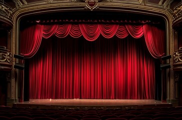 stage with curtains empty ornate theater Digital art style theatre stage Theater concept, realistic luxurious red velvet curtains with theatre scarlet seats