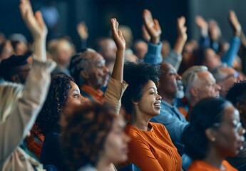 A diverse congregation singing hymns together in a modern church, hands raised in worship. The image celebrates unity, faith, banner with copyspace for text.