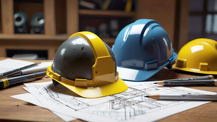 Construction safety concept and safety coloring helmet .  Generative AI
