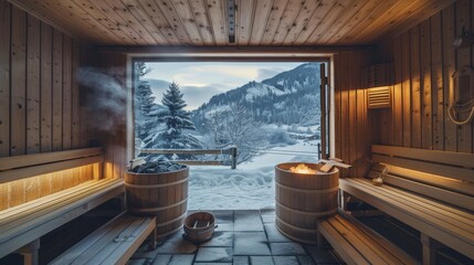 Cozy sauna interior with a snowy landscape view, promoting relaxation and wellness.