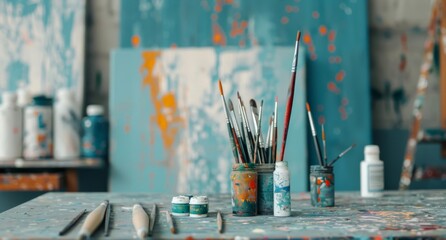 Art Supplies Arranged on a Colorfully Painted Table in a Creative Studio