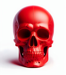 a shiny plastic red human skull on a white background