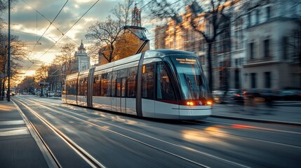 Red Tram on a City Street at Sunset