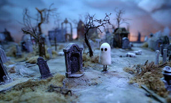 A cute claymation ghost in a kid-friendly model graveyard or cemetery in  front of a church at dusk - handmade sets in a puppet animation scene - horizontal, banner, responsive series