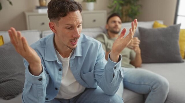 Gay couple having a discussion in their living room centered around one man with an exasperated expression and the other man in the background observing the tense moment