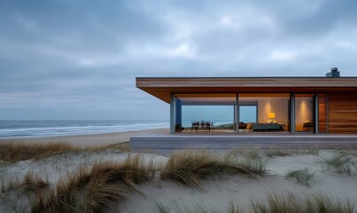 Modern Wooden House on the Beach with Sand Dunes and Ocean View