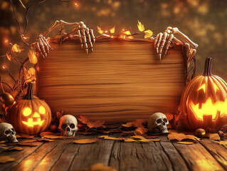 A halloween theme blank wood sign with skulls, bones and glowing pumpkins - a blank space for custom text or graphics for an October party, invitation or display signage