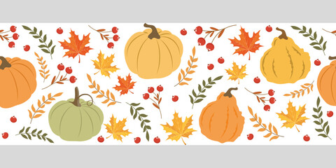 Autumn pumpkins and forest leaves and berries horizontal seamless border. Seasonal fall banner design for greeting. Illustration