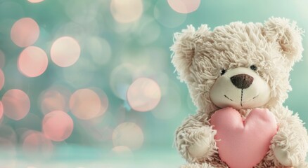 Fototapeta premium Adorable Teddy Bear Holding Pink Heart Against Soft Blue Background