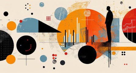 Obraz premium Person Standing on a Column Among Abstract Colorful Shapes and Charts