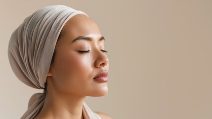 close up portrait of an arab  woman closing her eyes as she feels good in her smooth skin isolated on blank background. Concept for beauty or makeup brand for diversity and inclusion 