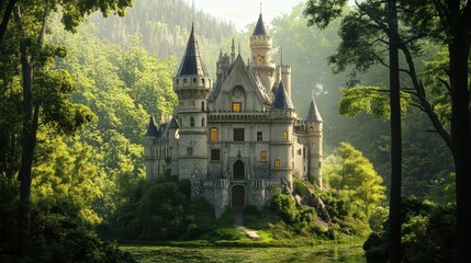 Naklejka premium Majestic Stone Castle Surrounded by Lush Green Forest and Water