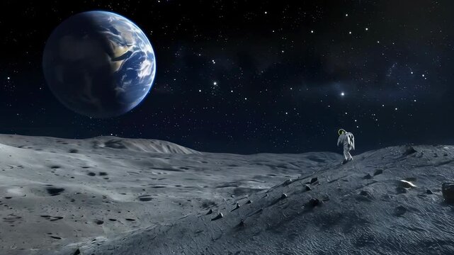 A lone astronaut in a spacesuit walks across a rocky moon surface at night. The Earth can be seen vividly in the starry sky. The scene is tranquil and awe-inspiring. The astronaut is likely of