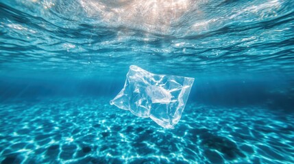 Fototapeta premium Plastic Bag Pollution Underwater in Blue Ocean Water