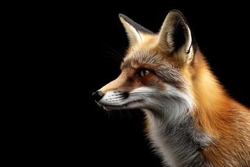 Photo of a fox isolated against a black background, emphasising the fox's majestic features. Wildlife and conservation concept, space for copy.