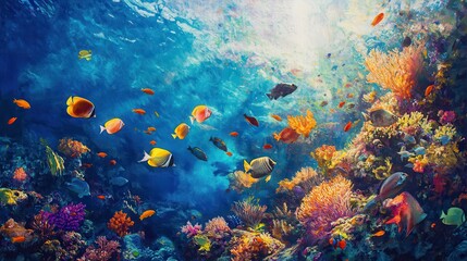 Vibrant Underwater Coral Reef with Colorful Fish - Tropical Ocean Scene.