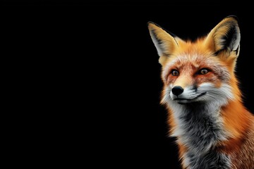 Photo of a fox isolated against a black background, emphasising the fox's majestic features. Wildlife and conservation concept, space for copy.
