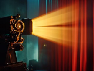 Fototapeta premium Vintage Film Projector Casting Light on Red Curtains - Cinematic, Retro, Movie Theater