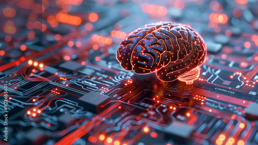 Poster artificial intelligence concept with a digital brain on a circuit board. the image shows a glowing w