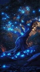 Fototapeta premium Mystical Tree with Glowing Lights at Night - Fantasy Forest Scene.