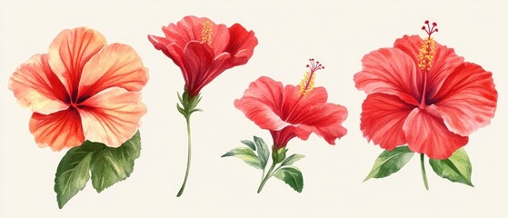 Set of Watercolor Hibiscus Flower Illustration . A captivating collection of watercolor hibiscus flower illustrations