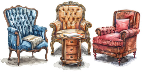 A collection of antique furniture, including a tufted armchair and a round side table, surrounded by laughing guests.
